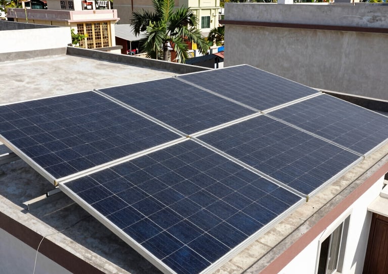 Residential rooftop solar panel installation for renewable energy on a flat concrete roof.