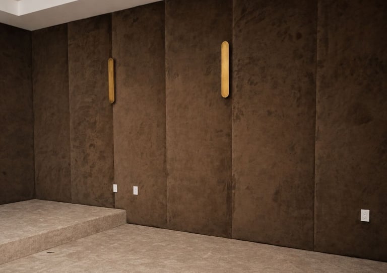 custom home theater wall panels with brass sconces