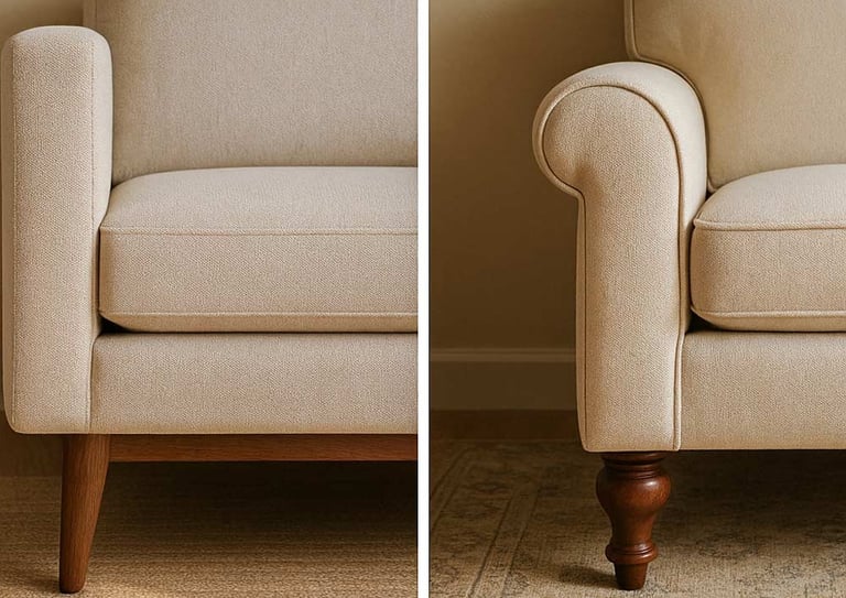 Side-by-side comparison of mid-century tapered sofa legs and rolled-arm transitional sofa design, showing detail and light in