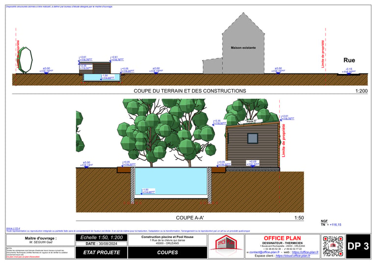 DP3 - plan de coupe - piscine - déclaration prealable - office-plan orléans