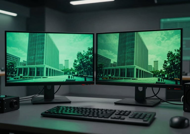 A professional video production suite with a dual-monitor setup in a dimly lit, high-end studio. The monitors glow with vibrant emerald and deep green cinematic shots of modern architecture. The environment is clean, sleek, and high-tech.