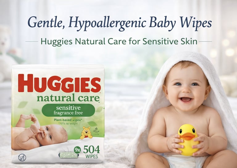 A smiling baby with a rubber duck next to a pack of Huggies Natural Care hypoallergenic baby wipes.