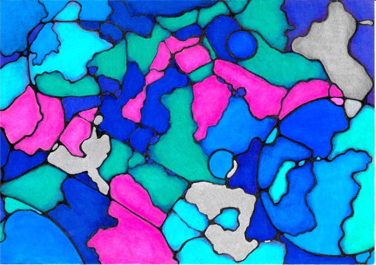 Neurographic healing art with bold lines and abstract shapes in pink, teal, blue, and silver.