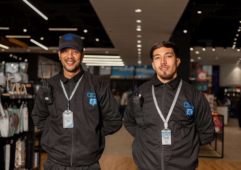 Deux agents de sécurité professionnels à Casablanca assurant la surveillance d’un site.