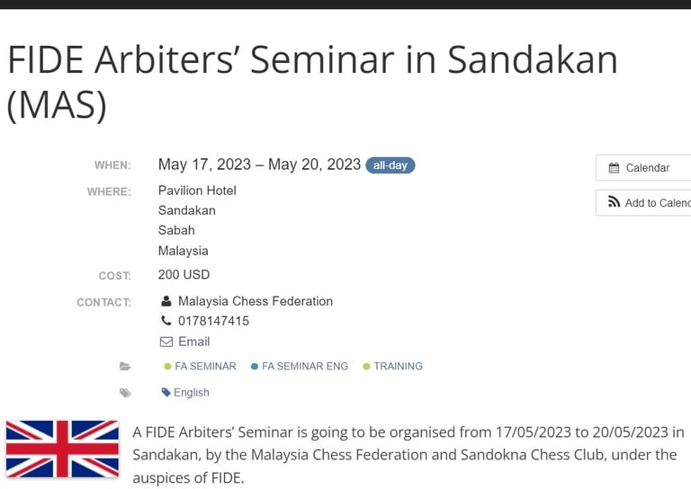 FA Seminar 2023 Conducted By The Sandokan Chess Club in Sabah, Malaysia. 