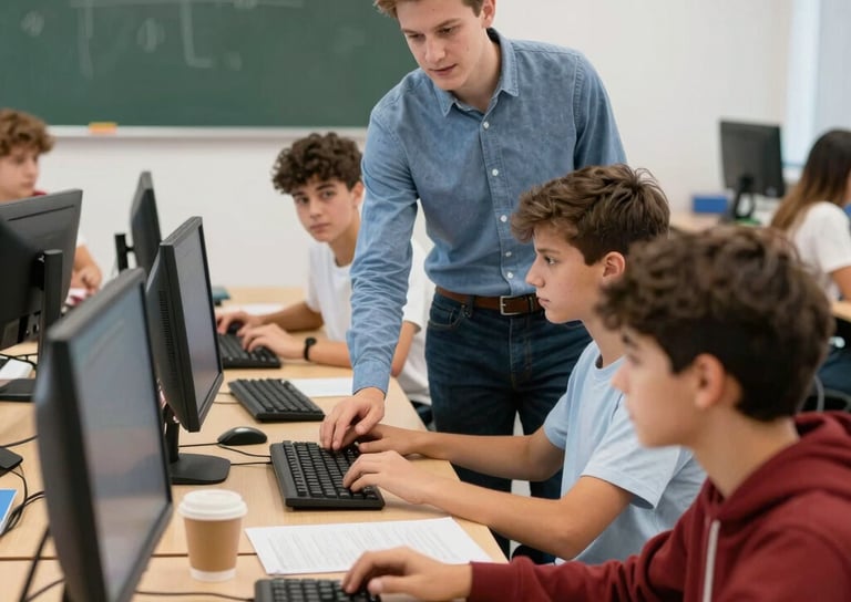 Group of diverse students collaborating on a coding project with AI tools.