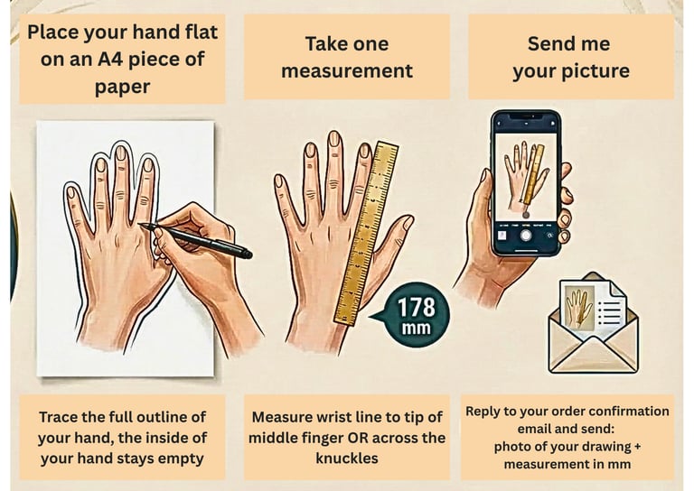 Step-by-step guide on how to measure your hand for custom sizing using paper, a ruler, and a smartphone.
