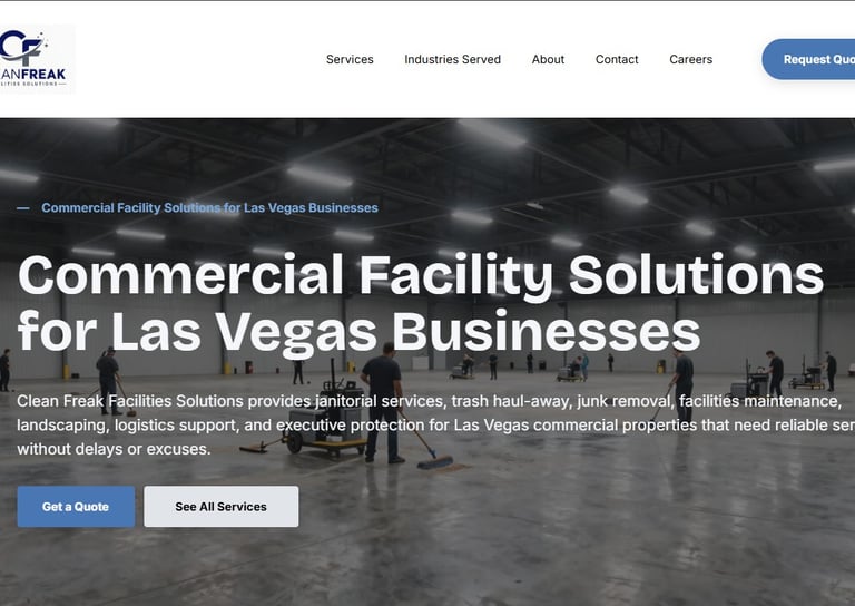 Clean Freak Facilities Solutions website showing a commercial facility service homepage for Las Vega