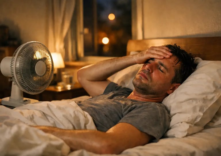Sweating man trying to sleep in bed with an electric fan during a summer heatwave.