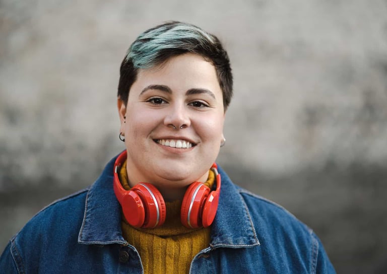 a woman with headphones and headphones on