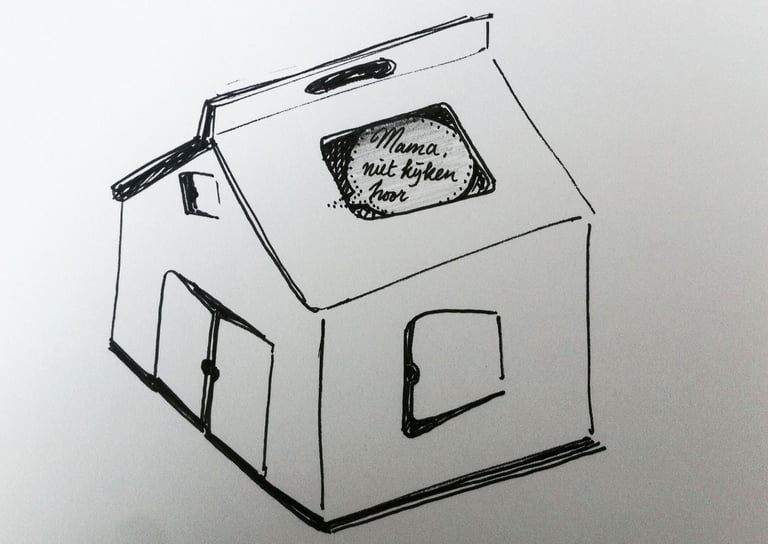 illustratie van kartonnen speelhuis met kind erin dat ondeugend is