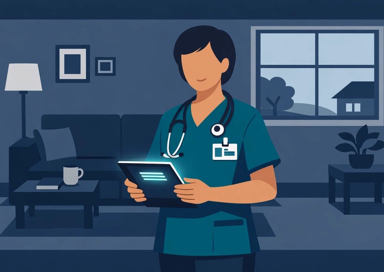 A flat style vector illustration of a home health nurse smiling while using a mobile tablet, represe