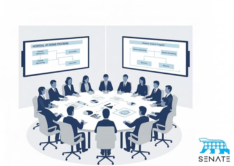 Strategic planning scene with Senate Healthcare logo overlay