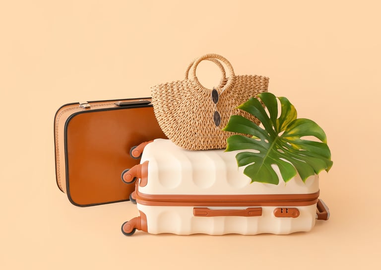 a suitcase with a straw hat and a handbag