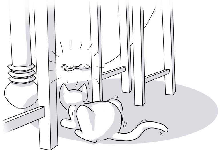 a cat under a table looking at a toy