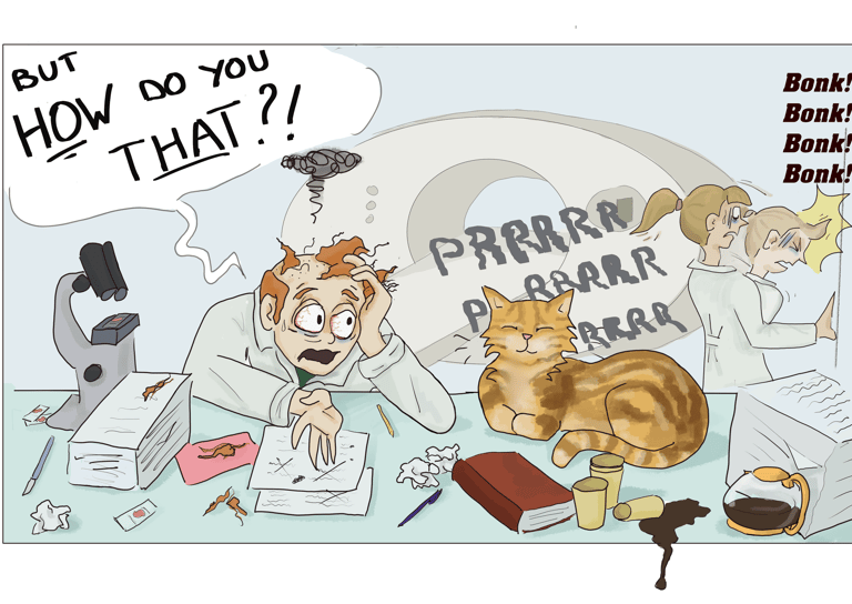 funny drawing of scientist failing to understand the purr