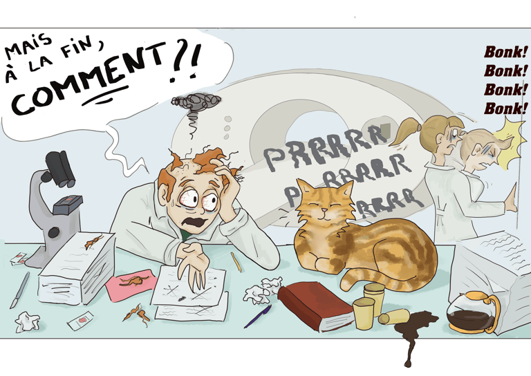 cartoon de scientifiques chercant à comprendre le ronronnement