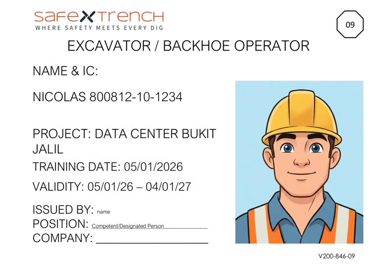 Excavator and backhoe operator competency certificate card template