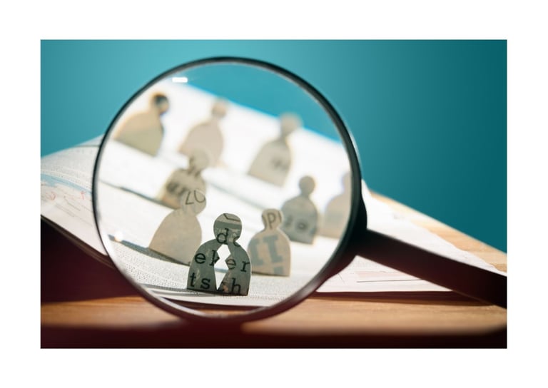 Magnifying glass showing paper cut outs of people on a work desk