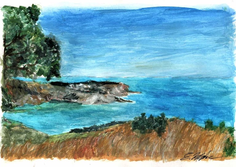 a painting of a view of a cliff side near the ocean
