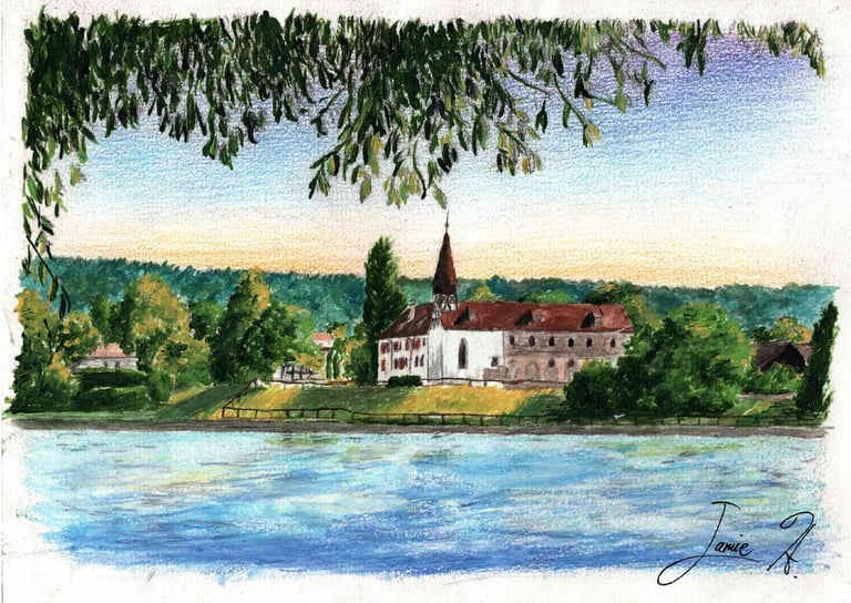 a painting of a church with a church steeple over a river surrounded by trees