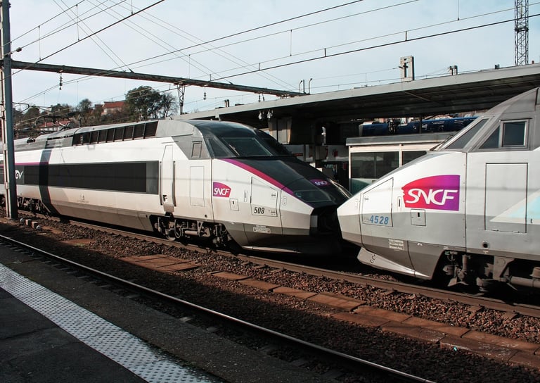 A high-speed TGV train stopped at a modern railway station platform