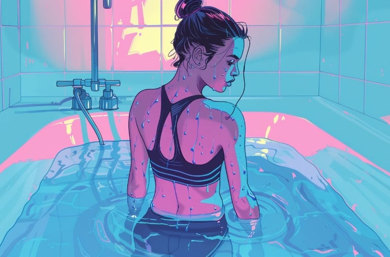 a woman in a bathing suit is sitting in a cold bathtub