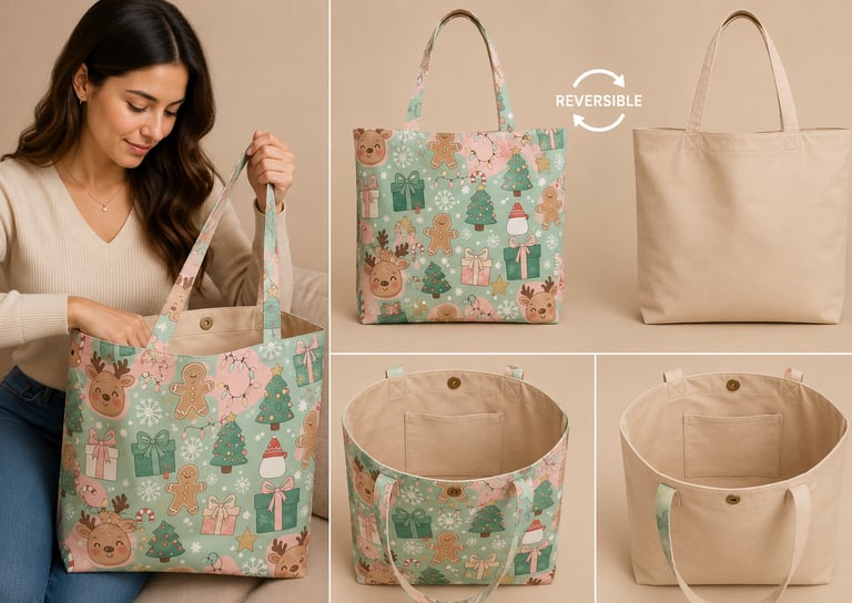 Una bolsa navideña reversible con un estampado festivo verde y un lado de lona beige lisa.