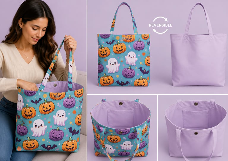 Una bolsa de tela reversible para Halloween con un diseño de fantasmas, calabazas y murciélagos.