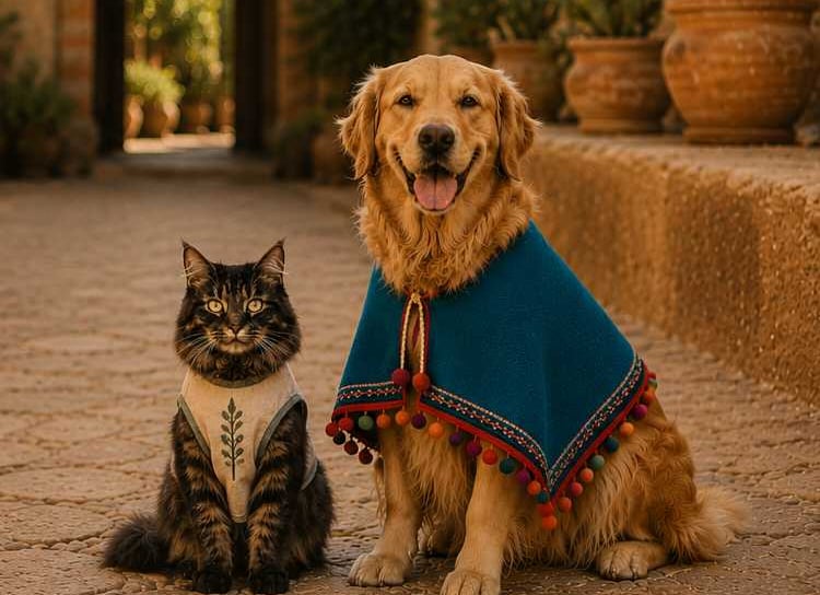 Un golden retriever que lleva un poncho azul está sentado al aire libre junto a un gato atigrado que viste un chaleco.