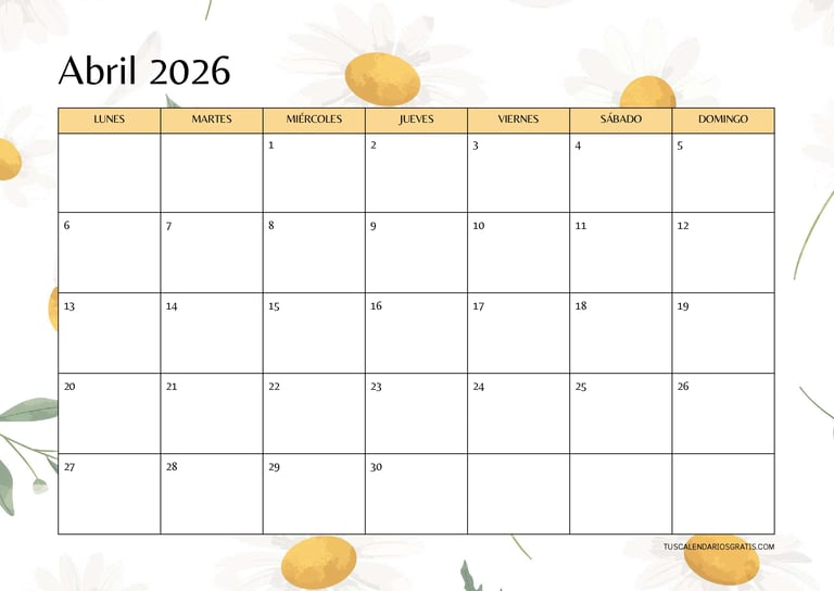 Calendario abril 2026 floral horizontal para imprimir con diseño de flores elegante y fondo claro