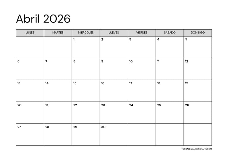 Calendario abril 2026 minimalista horizontal imprimible con diseño limpio y organizado