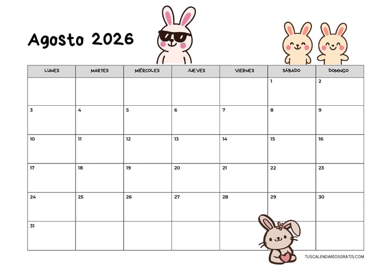 Calendario agosto 2026 kawaii horizontal con conejitos adorables para imprimir gratis, diseño bonito