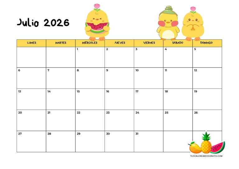 calendario julio 2026 kawaii horizontal patitos adorables para imprimir organización planificación