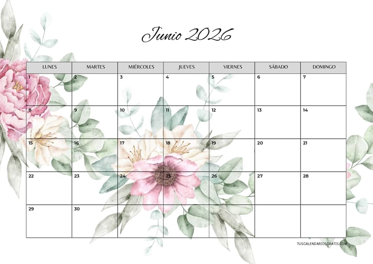 calendario junio 2026 horizontal elegante con flores para imprimir gratis organización planificación