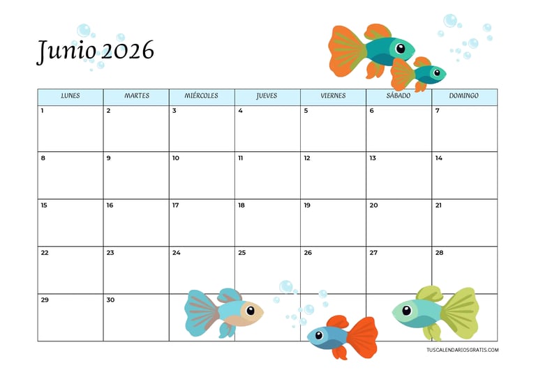 calendario junio 2026 horizontal peces para imprimir gratis organización planificación mensual