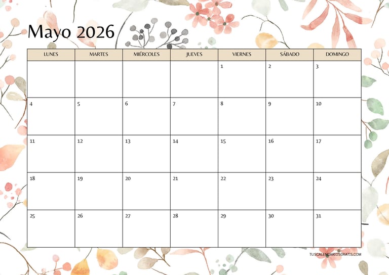 Calendario mayo 2026 floral horizontal para imprimir con diseño colorido y espacio para planificació