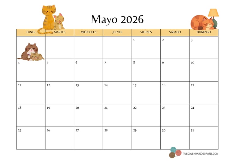 Calendario mayo 2026 horizontal con diseño de gatos bonito para imprimir gratis en A4