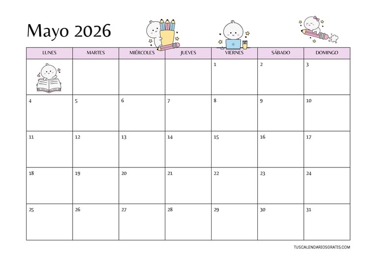 Calendario mayo 2026 con diseño kawaii y personajes adorables. fondo blanco y tonos rosas para impri