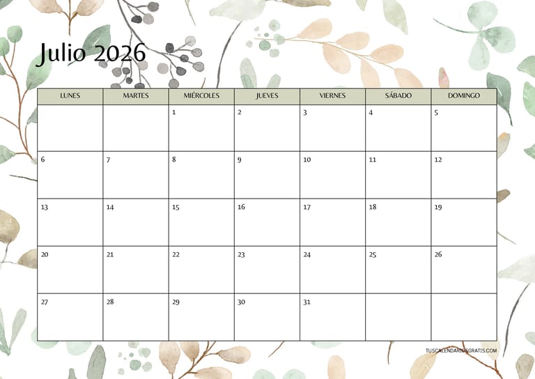 Calendario julio 2026 floral horizontal para imprimir gratis con diseño veraniego y espacio para org