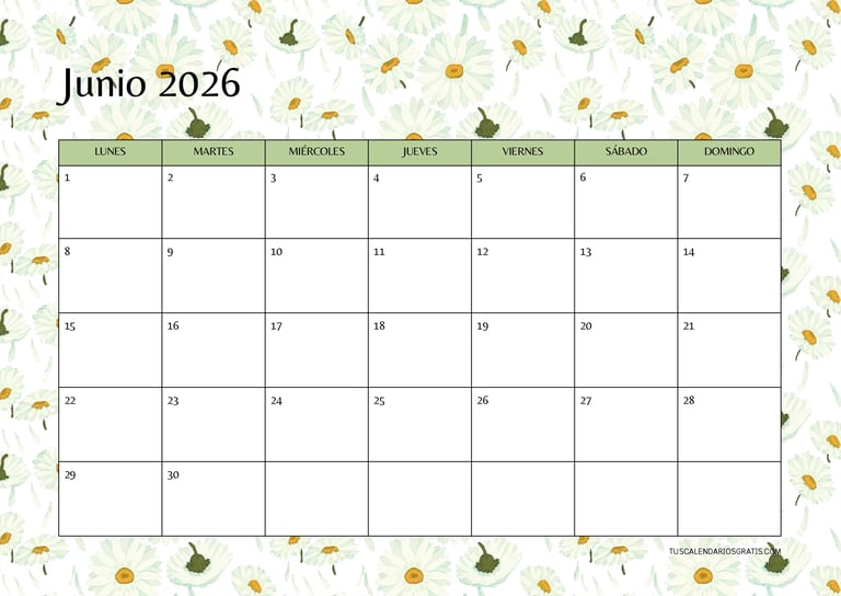 Calendario junio 2026 horizontal floral margaritas para imprimir gratis planificación mensual organi
