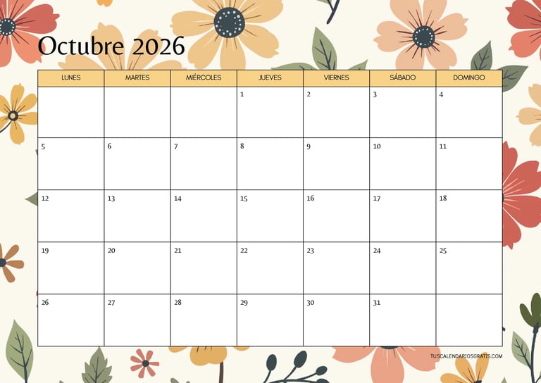 Calendario octubre 2026 floral horizontal para imprimir gratis en formato A4 con diseño elegante y e