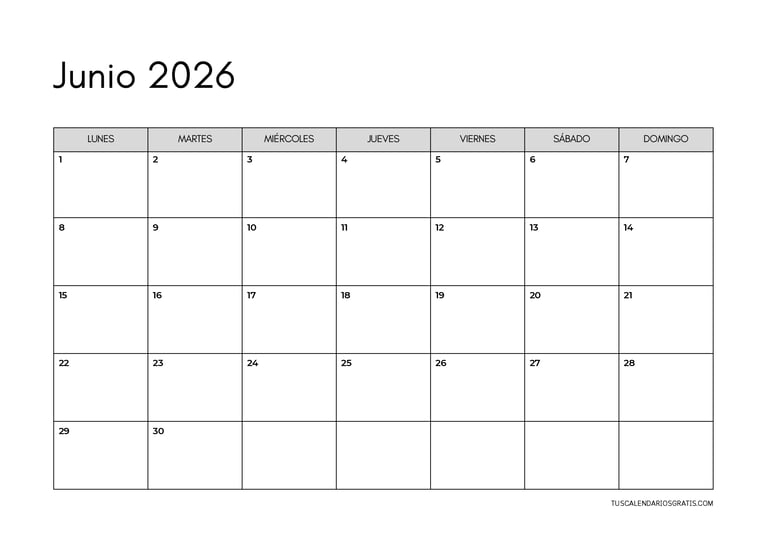 calendario junio 2026 minimalista horizontal para imprimir gratis organización planificación hábitos