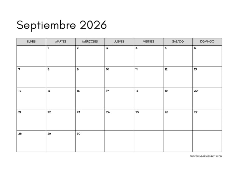 Calendario septiembre 2026 minimalista horizontal para imprimir gratis en PDF, diseño limpio para or