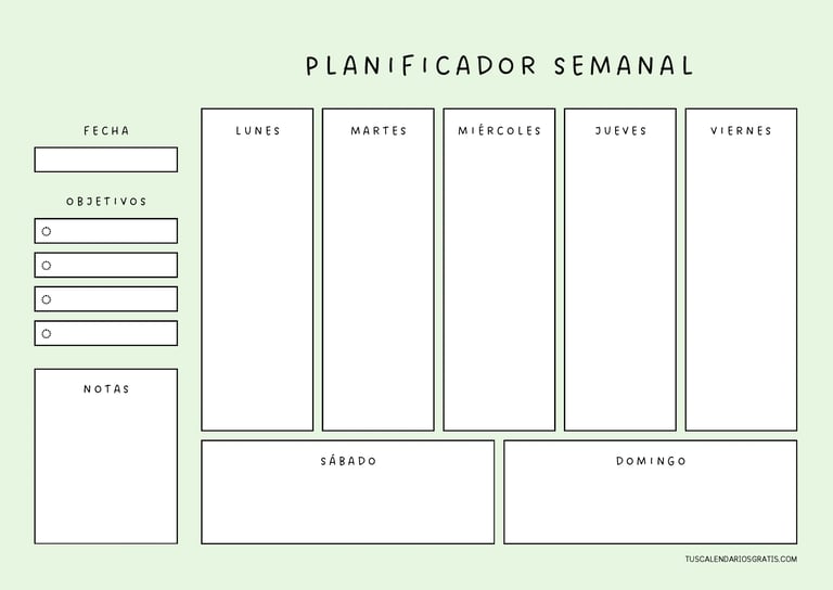planificadores semanales para imprimir gratis en colores verde organización semanal pdf