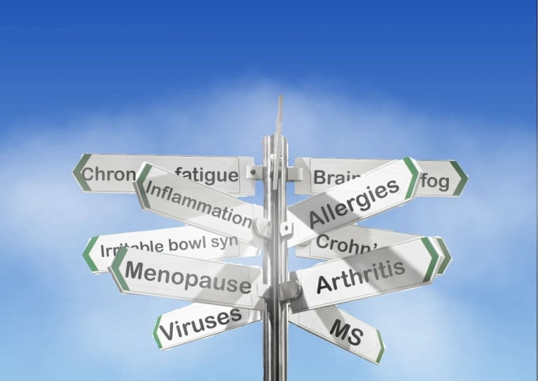 Signpost with arrows pointing to symptoms like chronic fatigue, brain fog, inflammation, allergies, and menopause