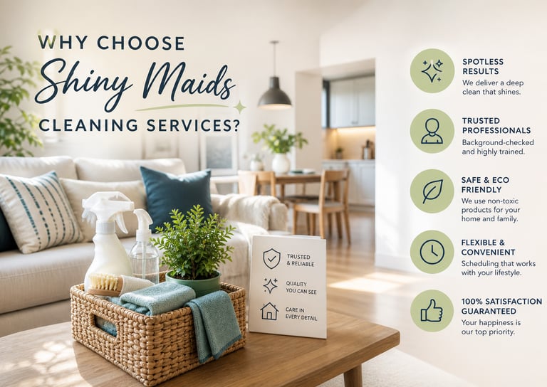 Professional house cleaning services by Shiny Maids featuring eco-friendly supplies in a bright living room.