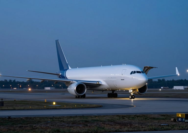 A wide-angle shot of a cargo aircraft being loaded on a tarmac at dusk. Cool evening tones dominate, with sharp white runway lights and deep #0A1C2B blue shadows. The scene communicates speed, precision, and reliable global logistics.