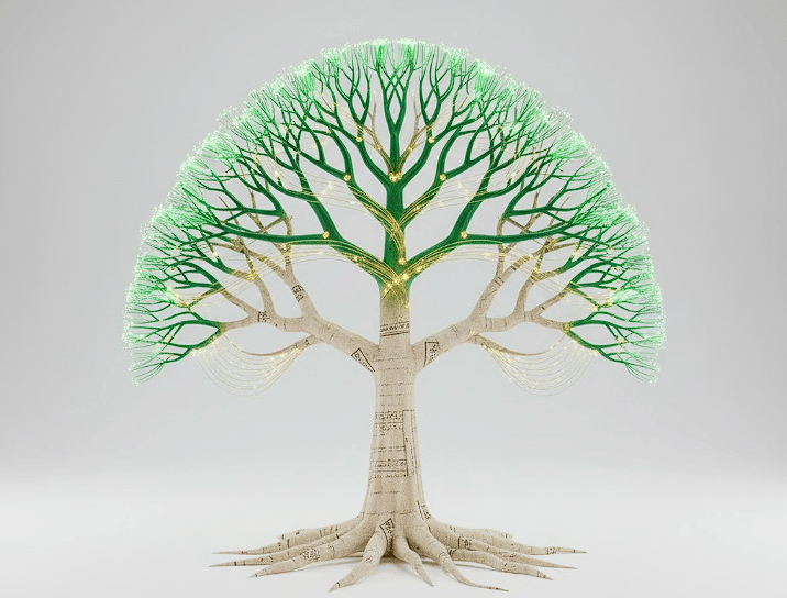 A clean, minimalist 3D rendering of a family tree where the branches turn from paper-textured (old)