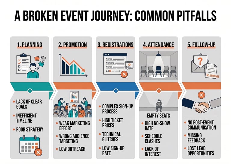 Infographic of common event marketing challenges from planning through follow-up.